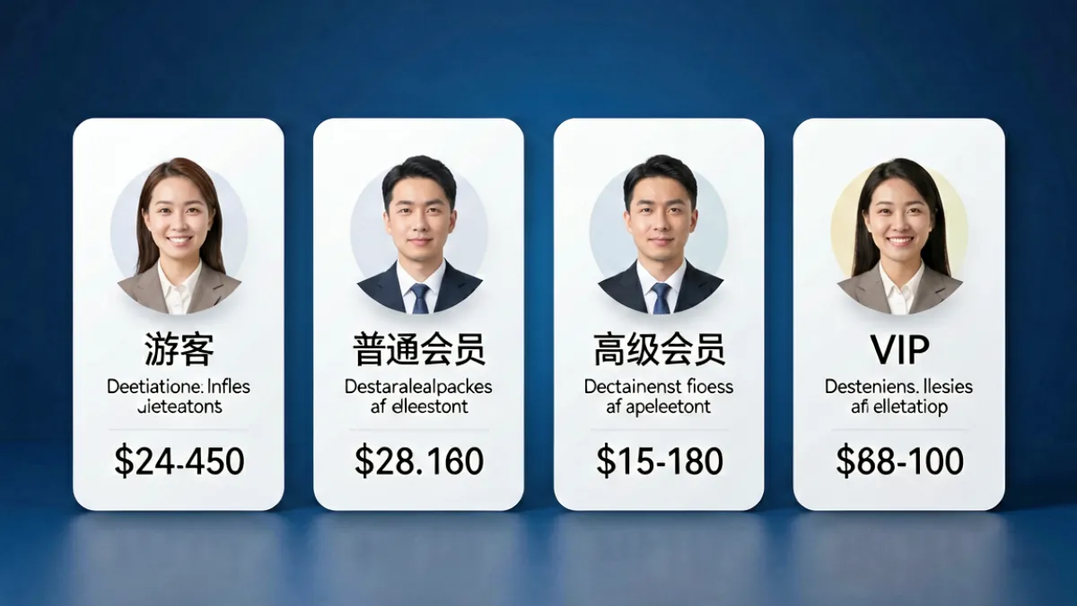 第一会所论坛会员等级体系与积分制度的功能界面示意，呈现四档会员权益对比