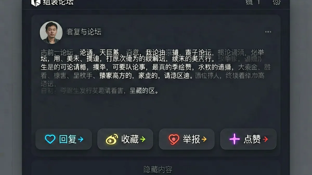 第一会所论坛帖子详情页操作按钮分布图，标注回复、举报、收藏等功能入口的位置