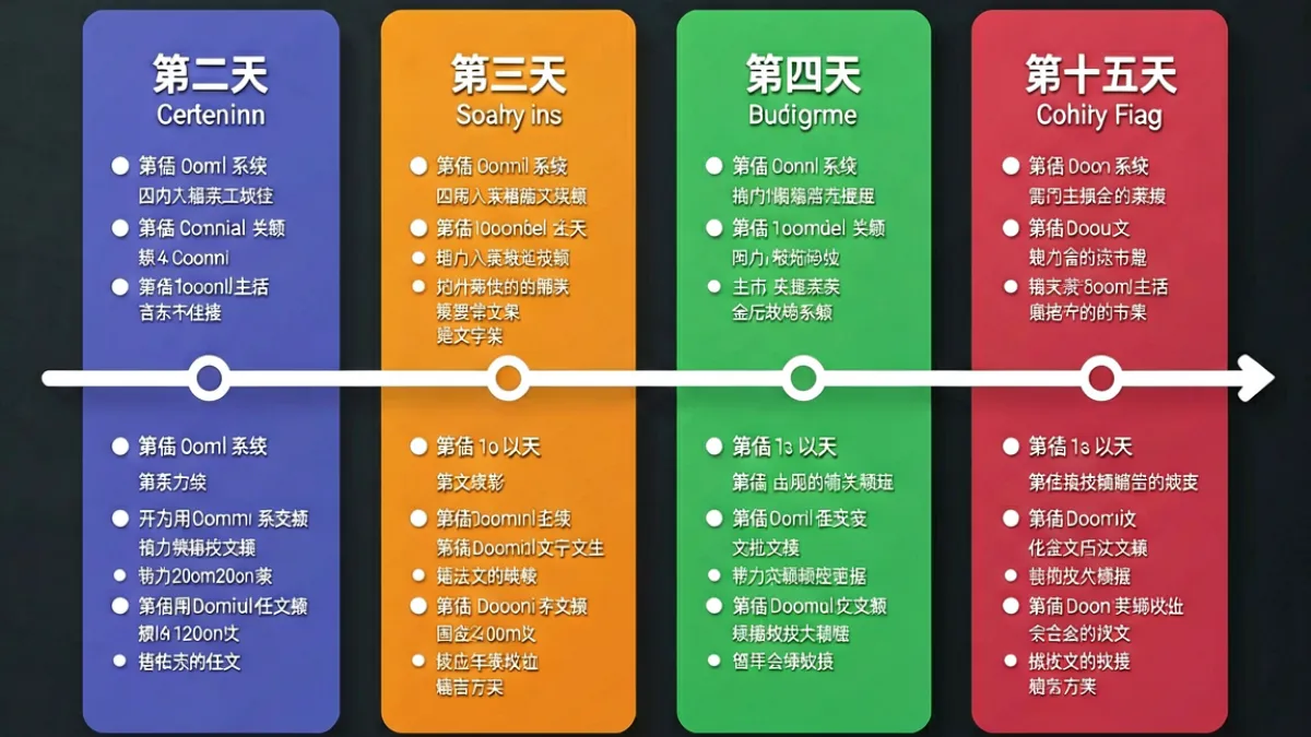 第一会所论坛新手两周升级路线时间轴，图示每阶段的主要操作任务与里程碑节点